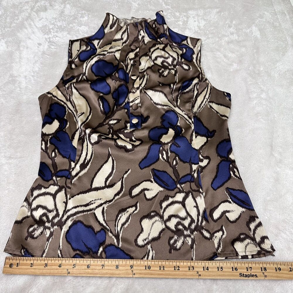 ETCETERA Women's Taupe/Blue Floral Silk Mock Neck Sleeveless Top Blouse Sz 6 - Picture 13 of 14